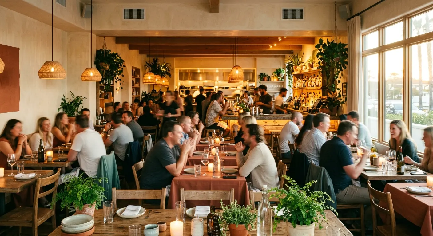 A warm, full restaurant interior at golden hour