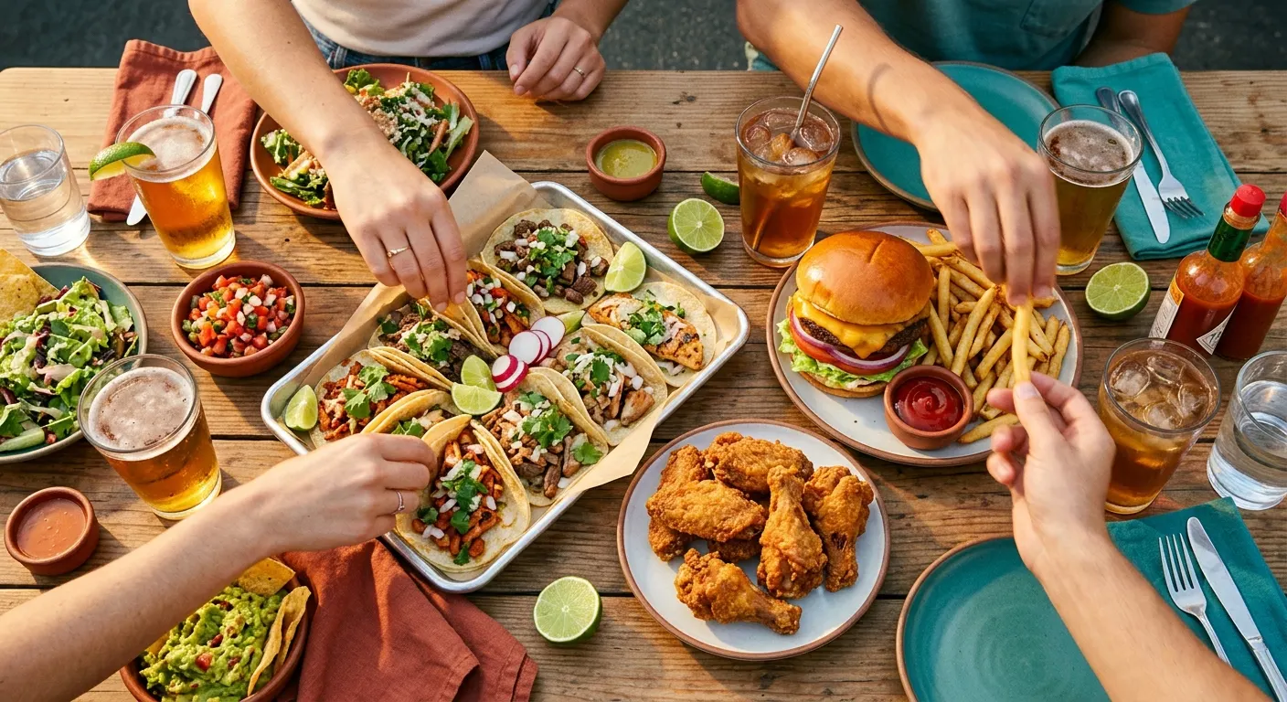 A lively casual dining spread of tacos, burgers and drinks