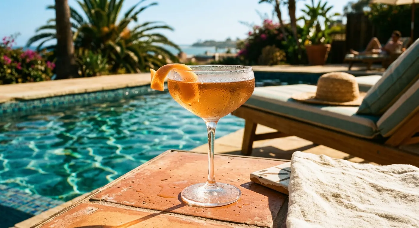 A craft cocktail in golden poolside light