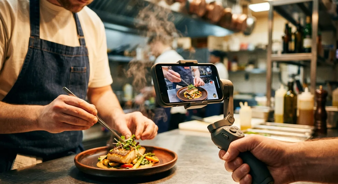 A phone on a gimbal filming a chef plating a dish