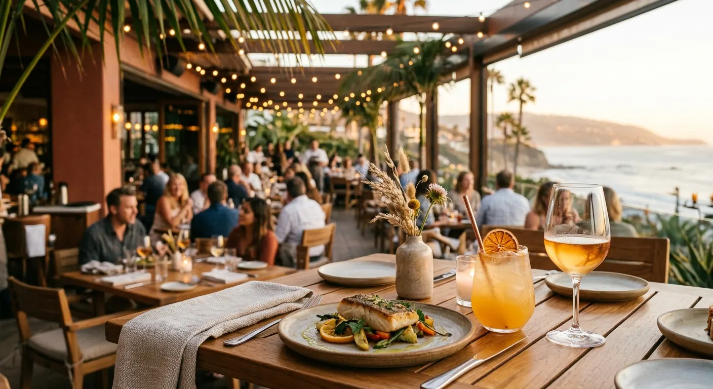 A full coastal Orange County restaurant patio at golden hour, set with a plated dish and a citrus cocktail