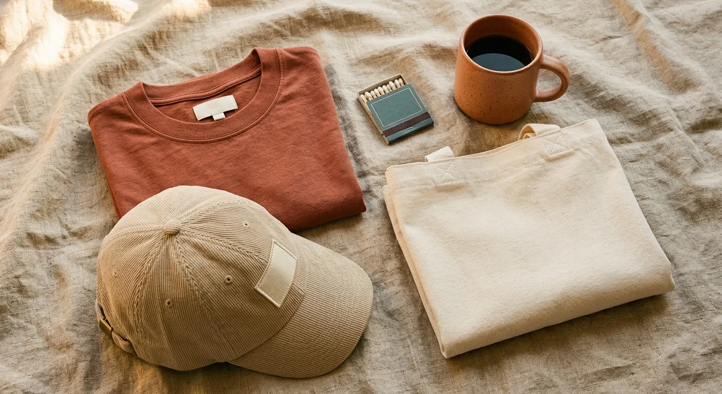A warm flat-lay of restaurant merch: tee, cap, tote, and mug