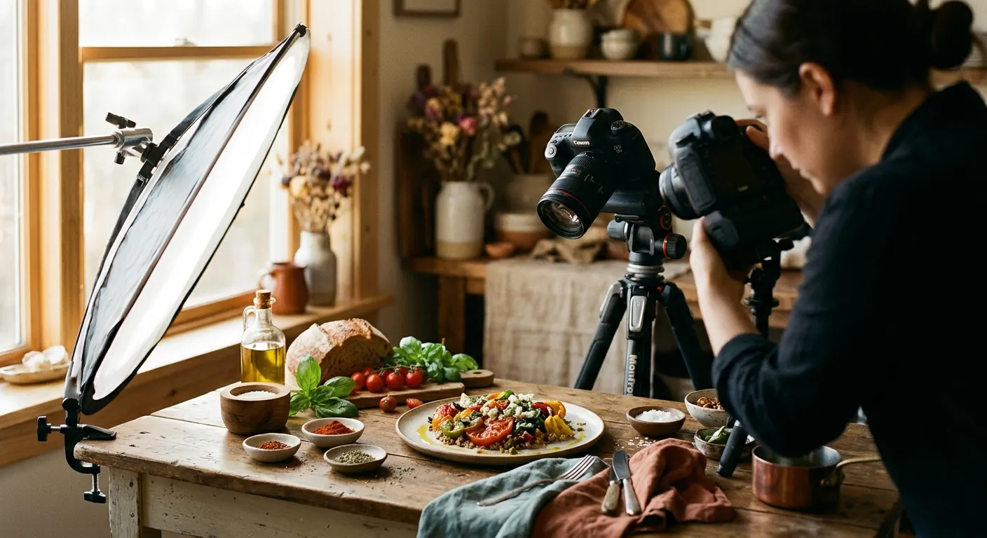 A food photography setup with a camera pointed at a styled plate
