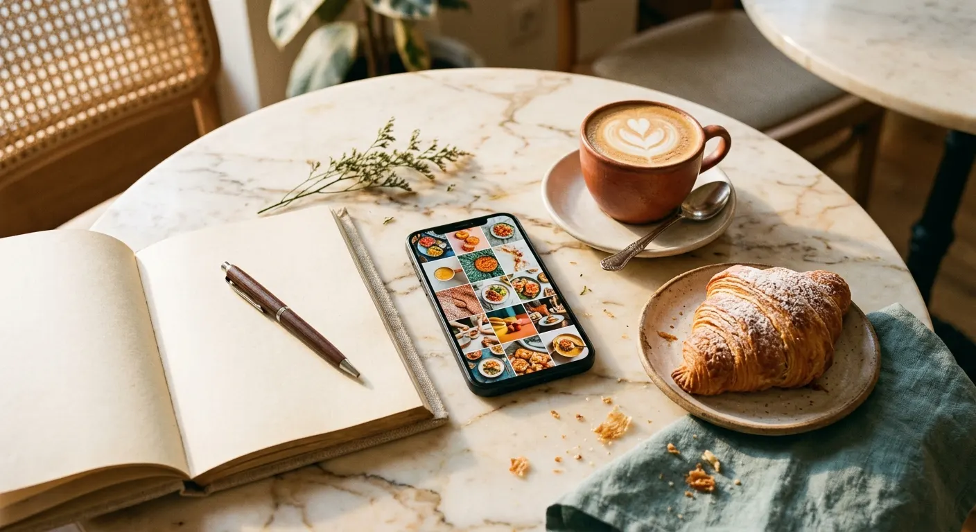 A phone showing a restaurant’s social grid beside coffee and a pastry