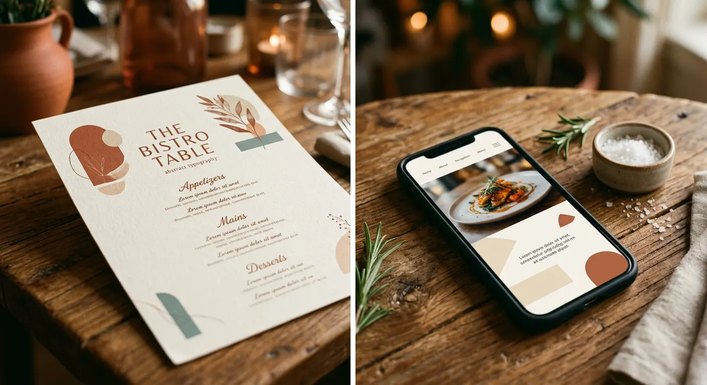 A printed menu beside a phone showing a clean restaurant website